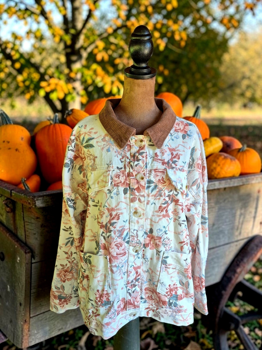 Altar'd State Malina Cream Floral Button-Up Barn Jacket with Corduroy Collar